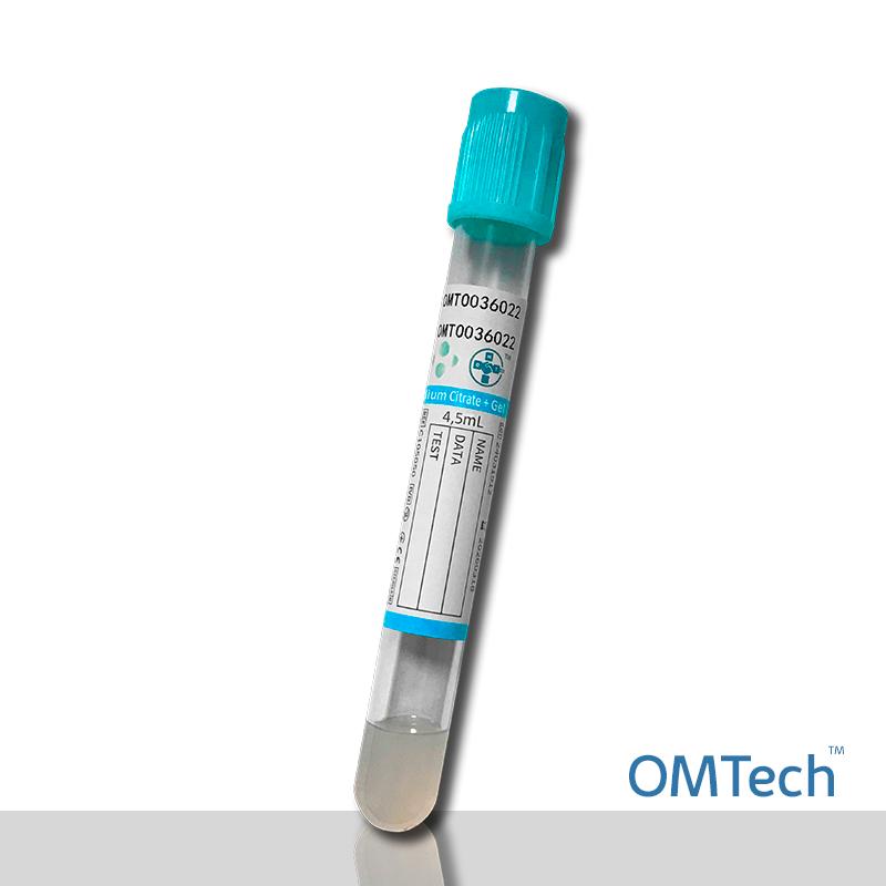 Пробірка Вакуумна для забору крові "OMTech", з цитрат натрію та гелем, стерильна, з блакитною кришкою, 4,5 мл, 13*100 мм RENJI MEDICAL